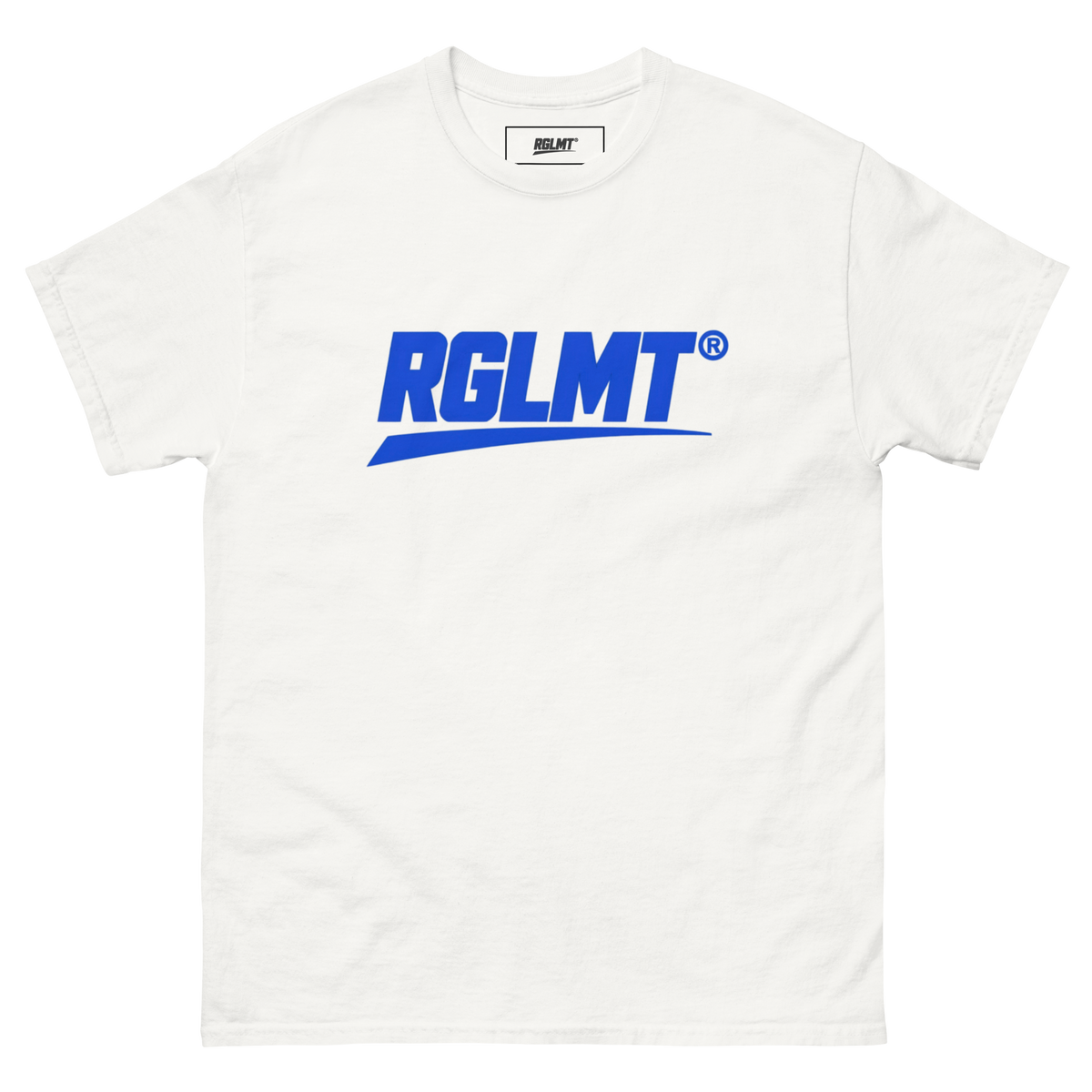 White RGLMT Classic T-shirt with blue design, front view