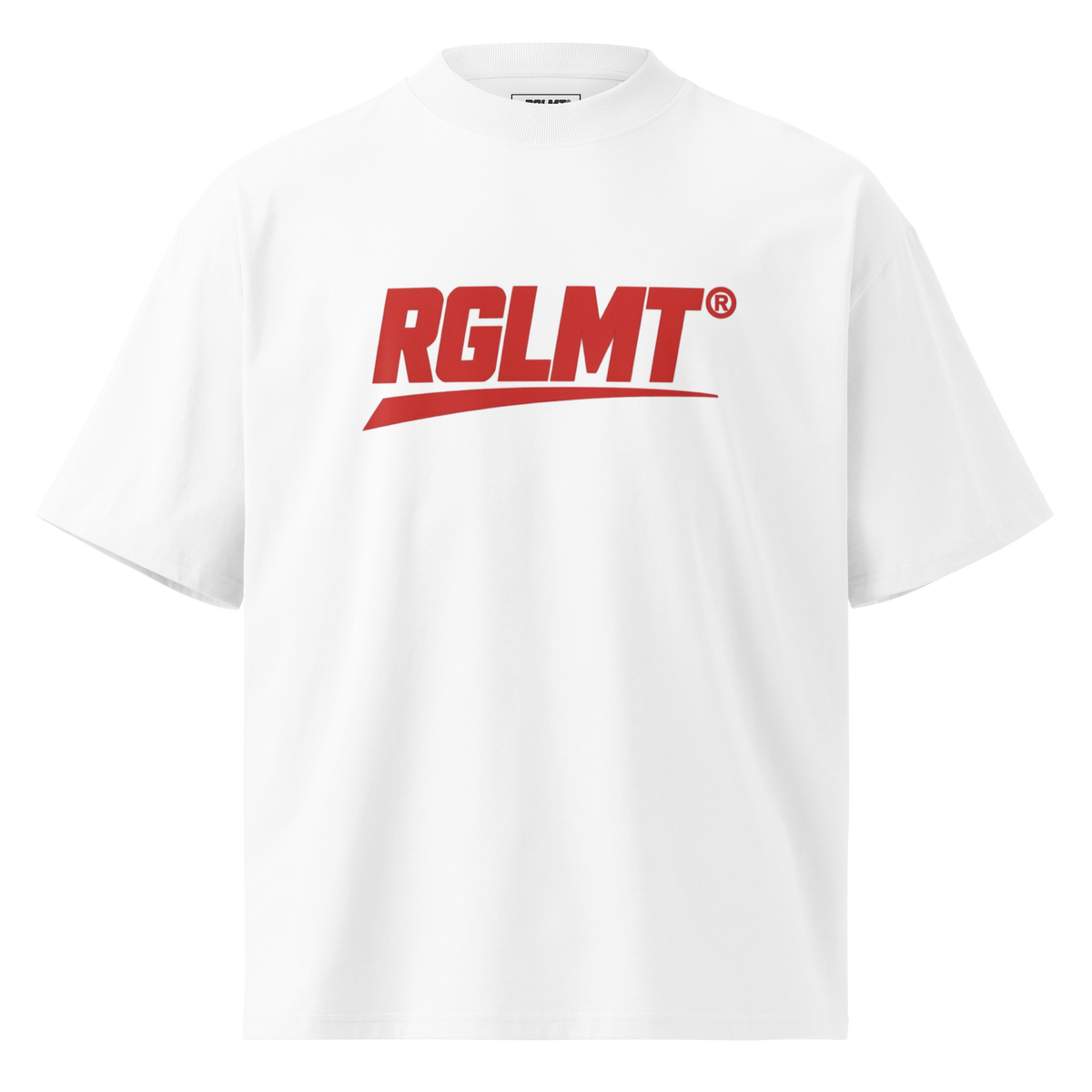 T-shirt oversize col montant blanc RGLMT, design Rouge – vue avant