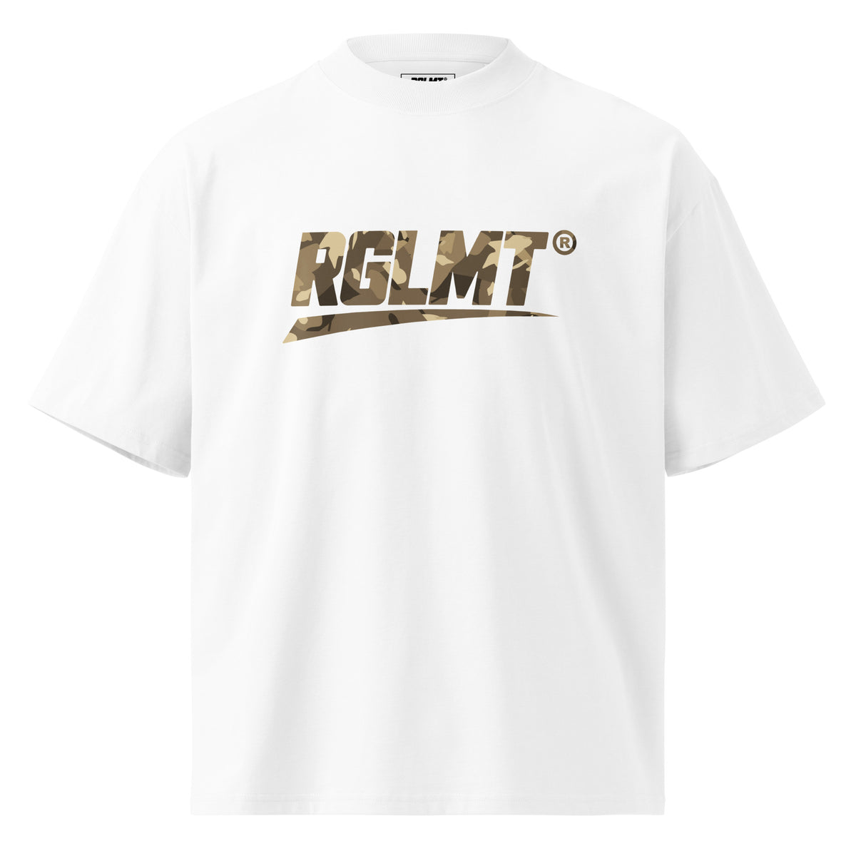 T-shirt oversize col montant blanc RGLMT, design Desert – vue avant