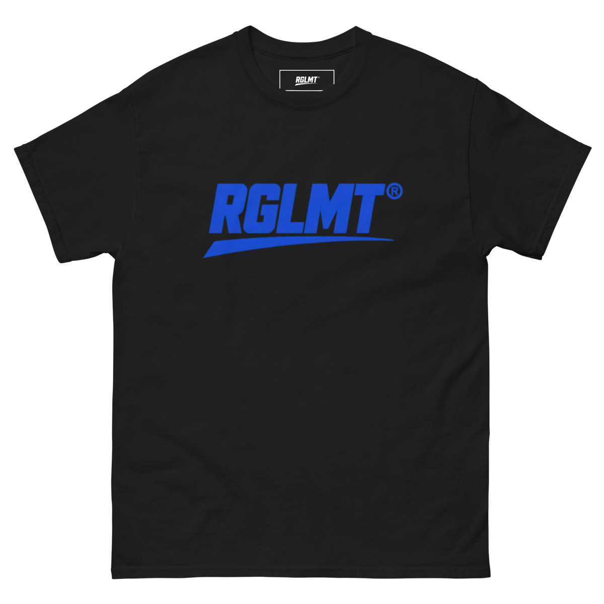 Black RGLMT Classic T-shirt with blue design, front view