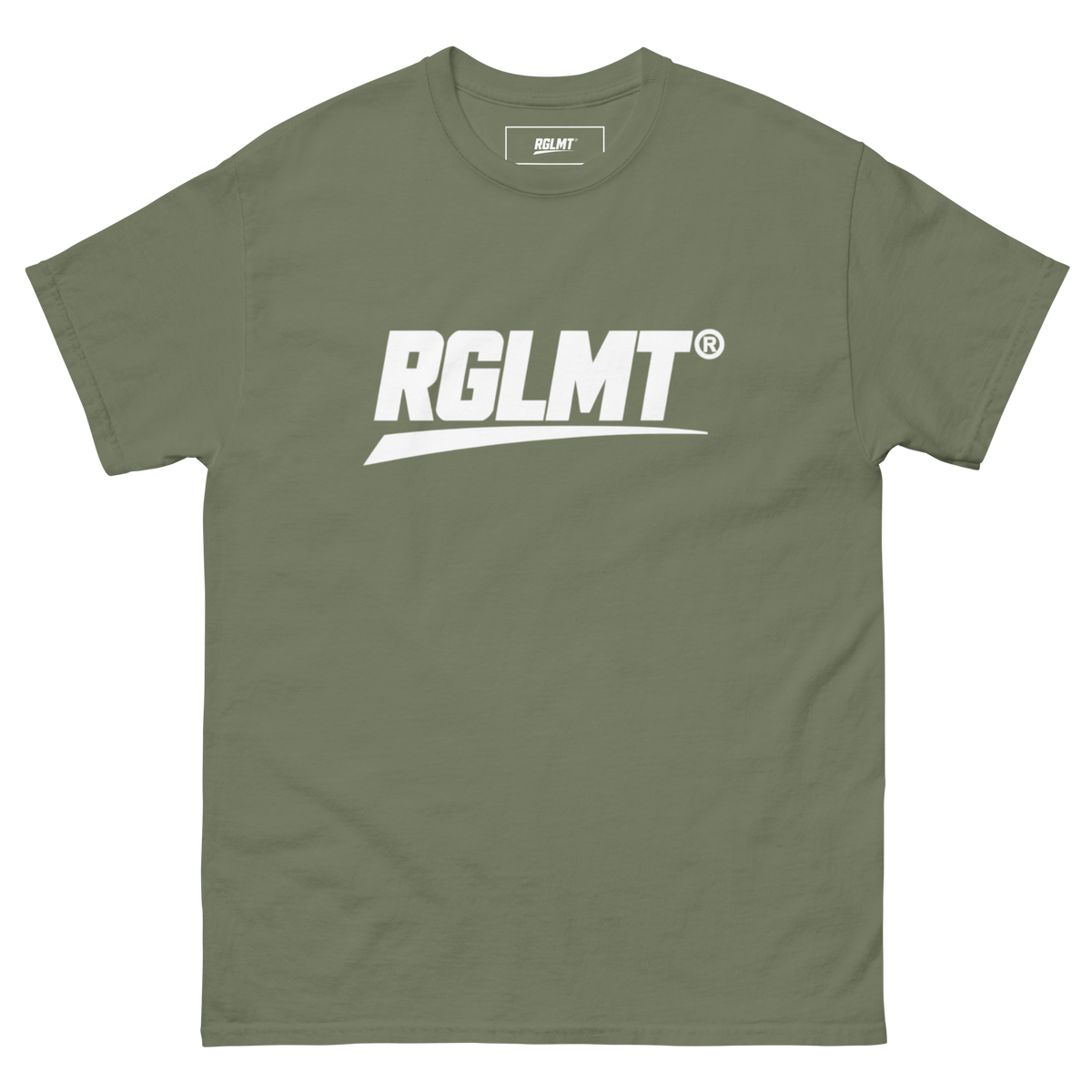 T-shirt Classic vert militaire RGLMT, design Blanc – vue avant