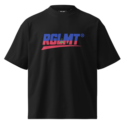 T-shirt oversize col montant noir RGLMT, design Haïti – vue avant