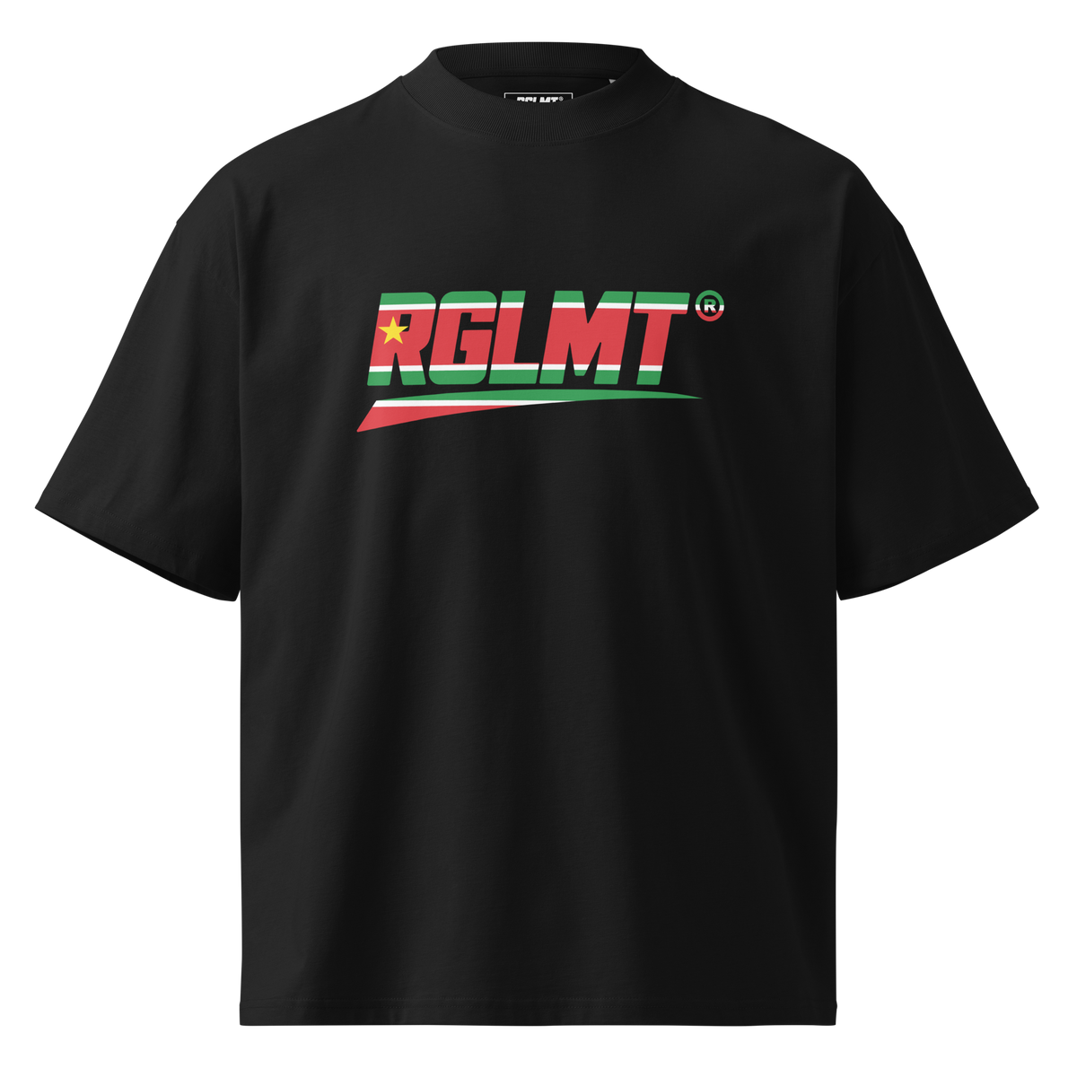 T-shirt oversize col montant noir RGLMT, design Guadeloupe – vue avant
