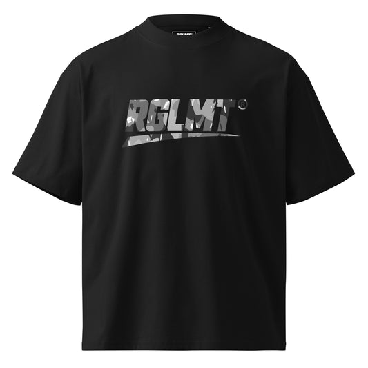 T-shirt oversize col montant noir RGLMT, design Cendre – vue avant