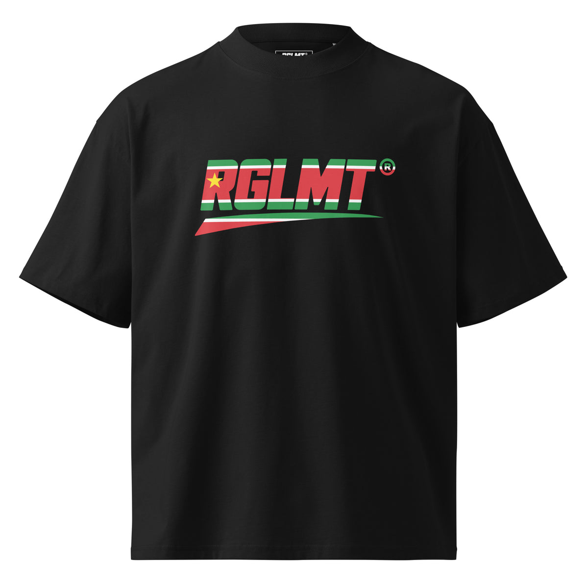 T-shirt oversize col montant noir RGLMT, design Guadeloupe – vue avant