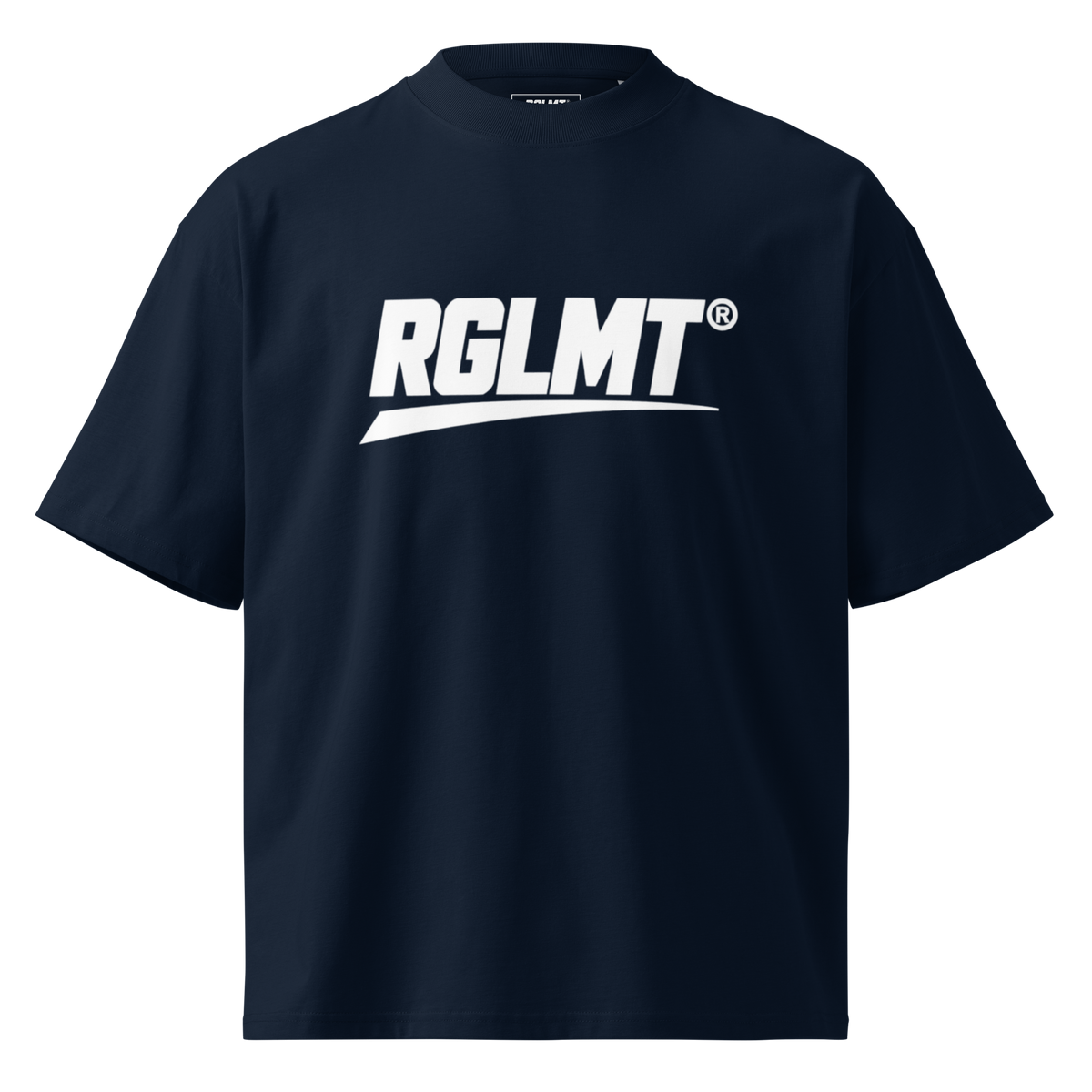 T-shirt oversize col montant bleu marine RGLMT, design Blanc – vue avant