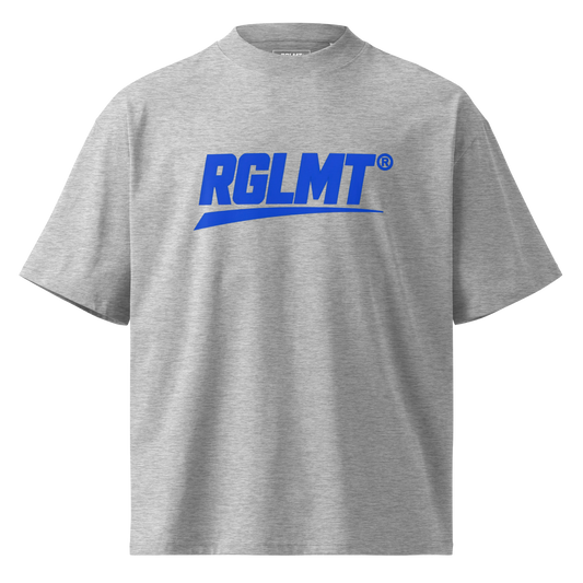 T-shirt oversize col montant gris chiné RGLMT, design Bleu – vue avant