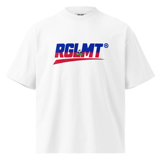 T-shirt oversize col montant blanc RGLMT, design Haïti – vue avant