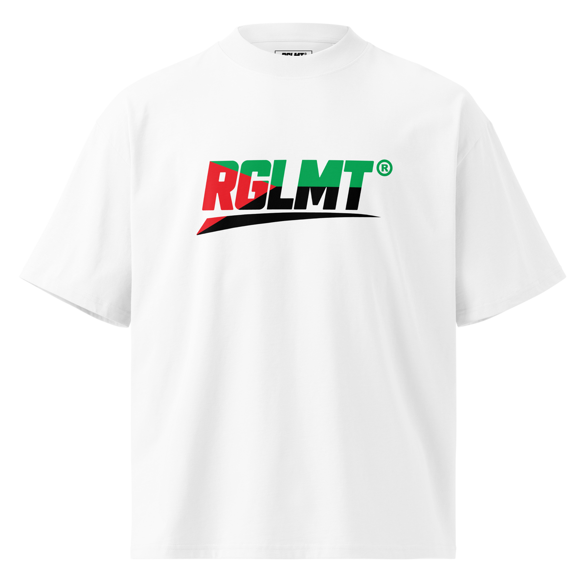 T-shirt oversize col montant blanc RGLMT, design Martinique – vue avant