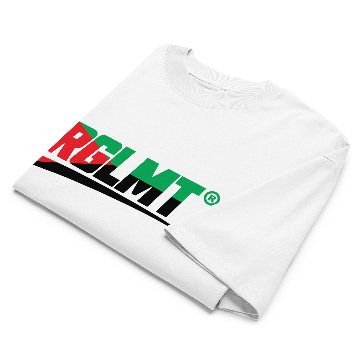 T-shirt oversize col montant blanc RGLMT, design Martinique – vue avant