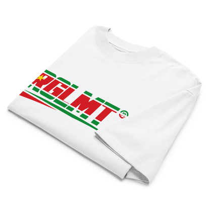 T-shirt oversize col montant blanc RGLMT, design Guadeloupe – vue avant