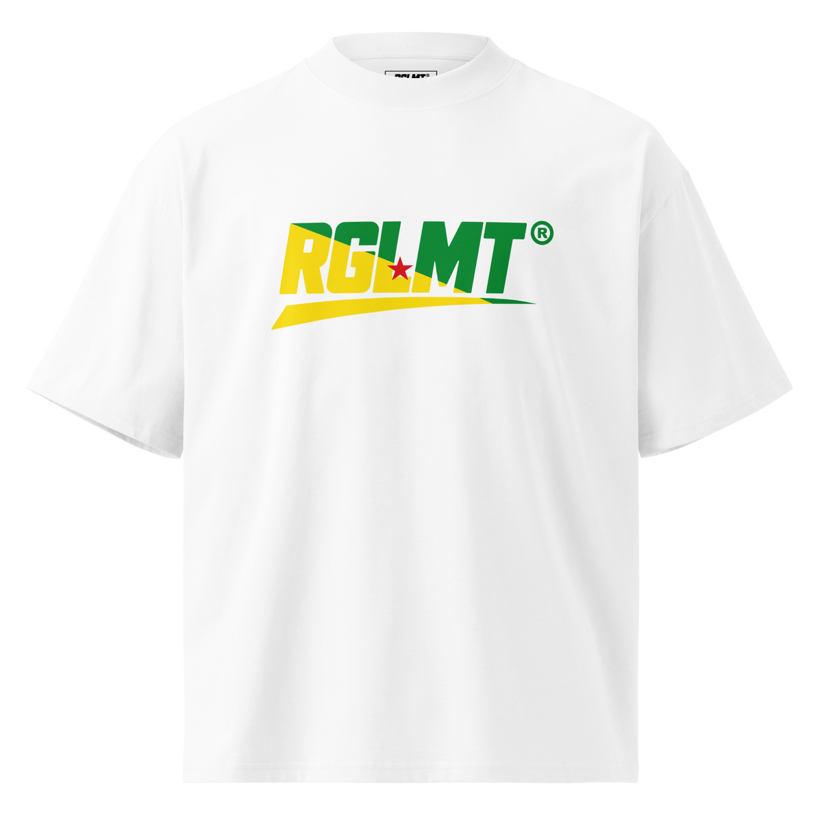 T-shirt oversize col montant blanc RGLMT, design Guyane – vue avant