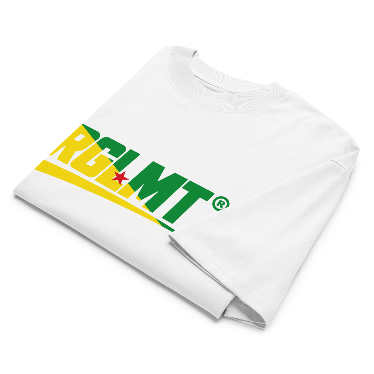 T-shirt oversize col montant blanc RGLMT, design Guyane – vue avant