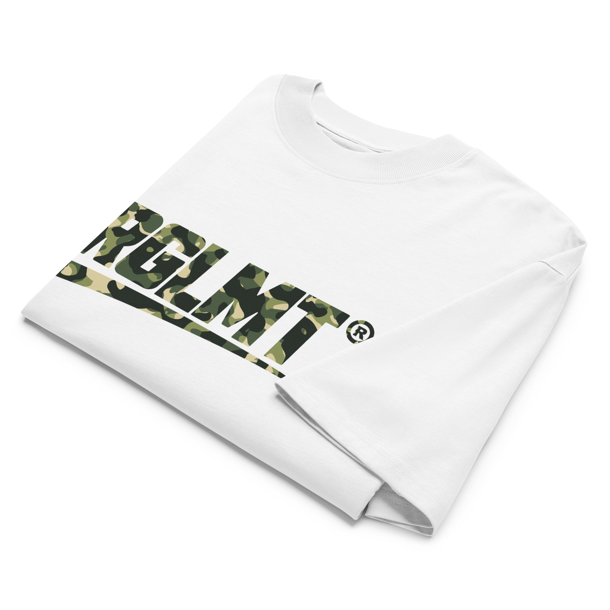 T-shirt oversize col montant blanc RGLMT, design Jungle – vue avant