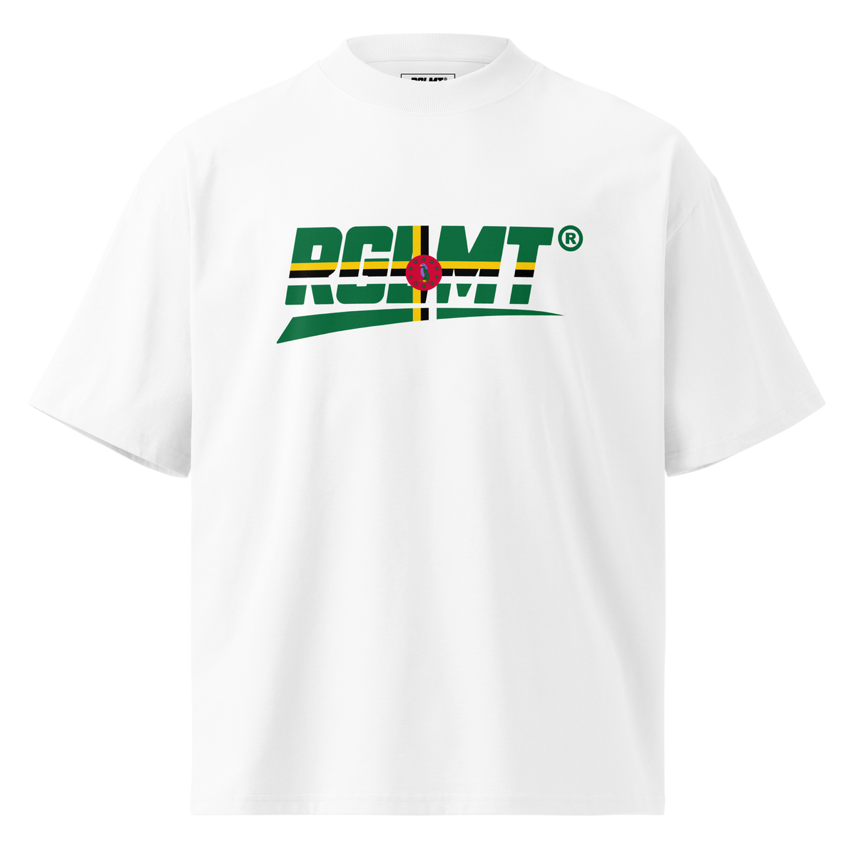 T-shirt oversize col montant blanc RGLMT, design Dominique – vue avant