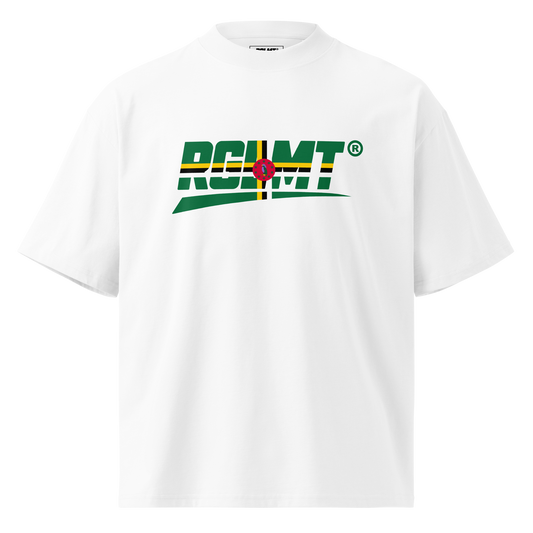 T-shirt oversize col montant blanc RGLMT, design Dominique – vue avant