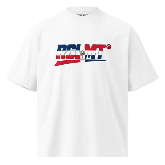 T-shirt oversize col montant blanc RGLMT, design République dominicaine – vue avant