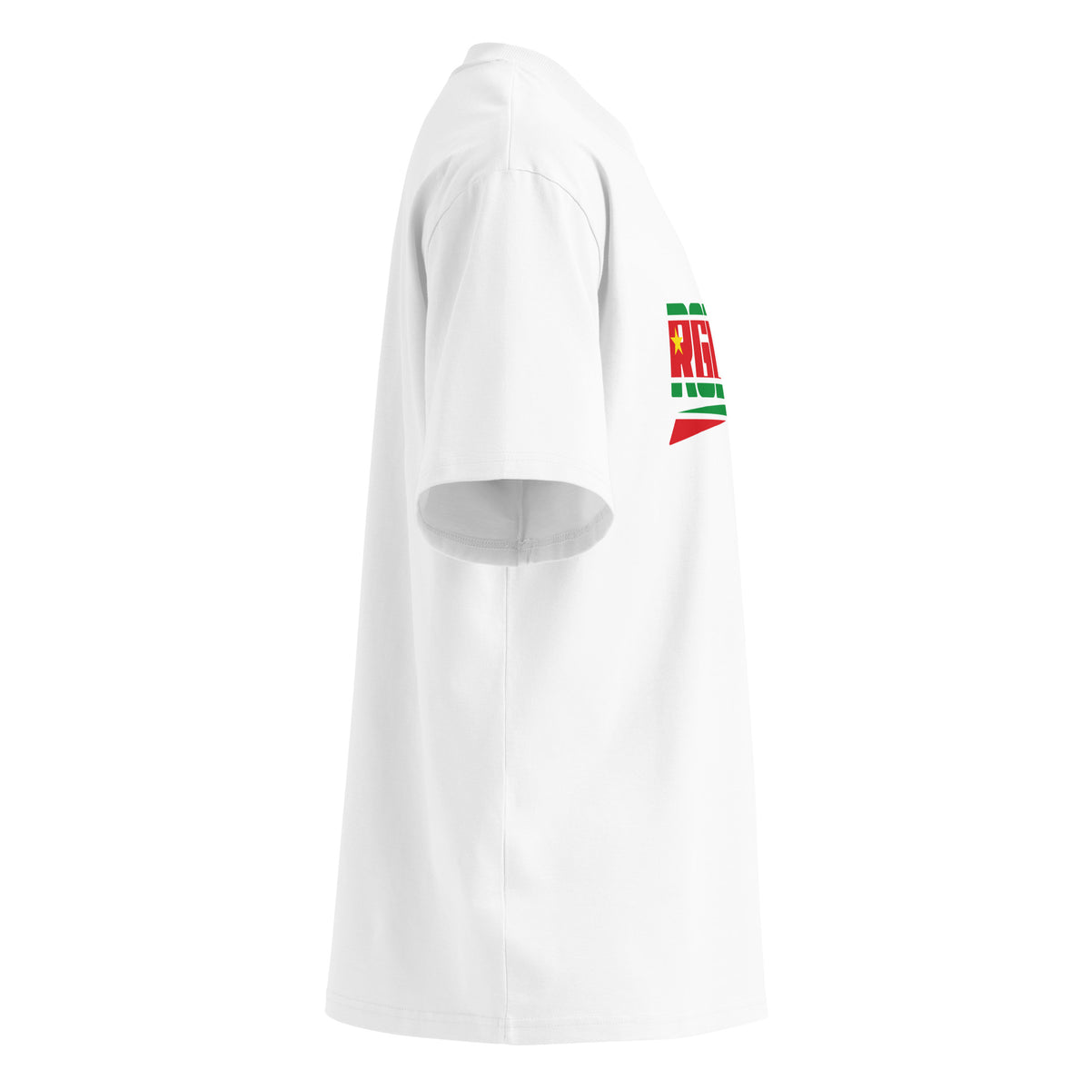 T-shirt oversize col montant blanc RGLMT, design Guadeloupe – vue côté droit